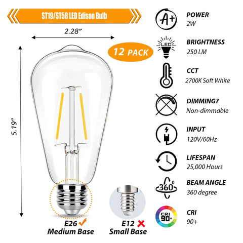 Diagram of 12 Pack 2W LED Edison Bulbs 250LM Not Dimmable, 2700K Soft Warm White, E26 Base specifications and features.