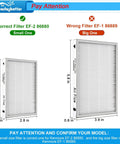 Comparison of Kenmore EF-2 86880 exhaust vacuum filter sizes, with correct filter on left, wrong filter on right, dimensions labeled.