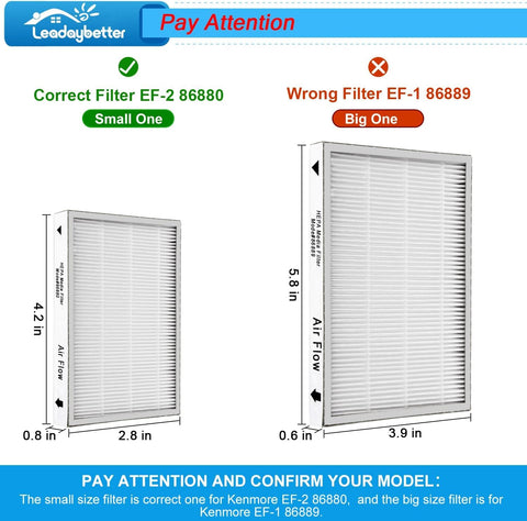 Comparison of Kenmore EF-2 86880 exhaust vacuum filter sizes, with correct filter on left, wrong filter on right, dimensions labeled.