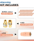 Premium 28 Piece.030 Inch Mig Welding Gun Consumables Kit includes 20 contact tips, 4 gas diffusers, and 4 gas nozzles.