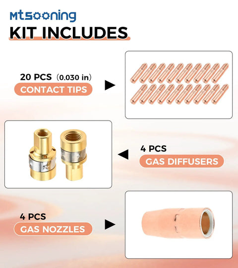Premium 28 Piece.030 Inch Mig Welding Gun Consumables Kit includes 20 contact tips, 4 gas diffusers, and 4 gas nozzles.