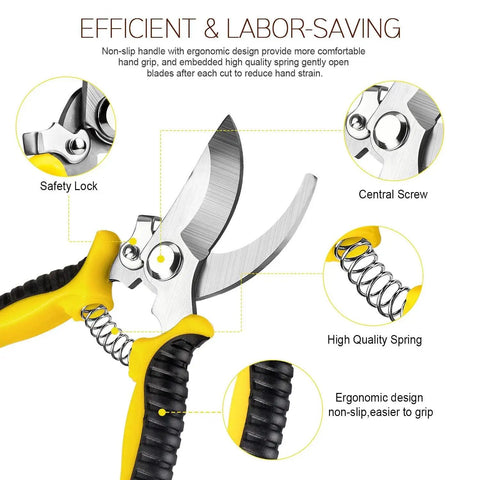 Close-up of 3 Pack Garden Pruning Shears With Stainless Steel Blades highlighting ergonomic non-slip handles and easy open spring.
