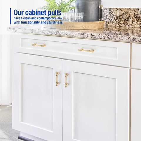 Brushed Brass Cabinet Handles 10 Pack 3 Inch Hole Centers Zinc Gold Drawer Pulls For Cupboard Dresser Wardrobe installed on white cabinet