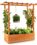 Raised Garden Bed With Arch Trellis For Outdoor Climbing Vines, Wood Planter Box With Hanging Roof And Side Trellises on Patio
