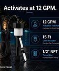 Metal Sensing Pool Flow Switch For Hayward Aqua Rite Aquarite Salt Cell, 12 GPM, 15 Ft Cable, Replaces Q 12DS C2 And GLX FLO HP, Pro Logic Aqua Logic OmniLogic Compatible, Fails Safe No Fuss Design Prevents Dry Running. Black metal pool flow switch with 15 ft cable and 1/2 NPT thread