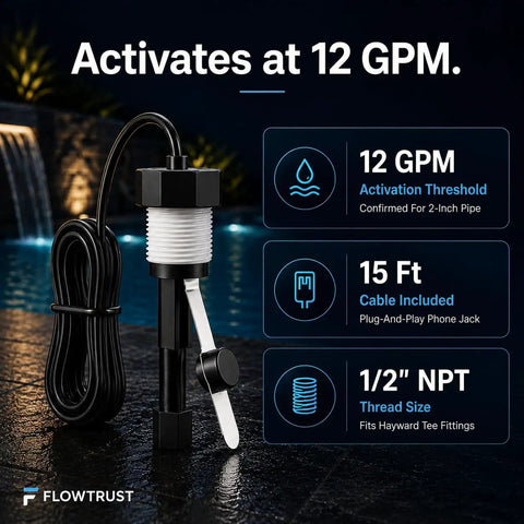 Metal Sensing Pool Flow Switch For Hayward Aqua Rite Aquarite Salt Cell, 12 GPM, 15 Ft Cable, Replaces Q 12DS C2 And GLX FLO HP, Pro Logic Aqua Logic OmniLogic Compatible, Fails Safe No Fuss Design Prevents Dry Running. Black metal pool flow switch with 15 ft cable and 1/2 NPT thread