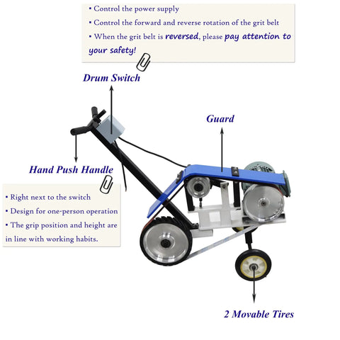 Portable Belt Sander And Abrasive Grinder On Rolling Frame showing hand push handle and drum switch for easy operation