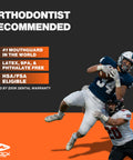 Football players wearing Brace Friendly Mouth Guard For Sports With Braces Full Upper Teeth Protection during game action.