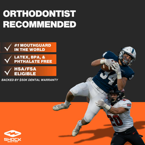 Football players wearing Brace Friendly Mouth Guard For Sports With Braces Full Upper Teeth Protection during game action.