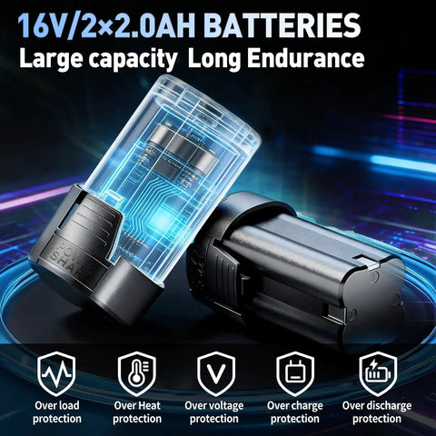 16V 2.0Ah batteries for Cordless Electric Ratchet Wrench Three Eighths Inch 16V Power Tool, shown with protection icons