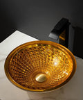 USZWBY Bathroom Vessel Sink Vanity Tempered Glass Vessel Bowl Sink Round Countertop Sink Bowl Art Basin with Waterfall Faucet Pop Up Drain golden artistic basin