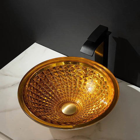 Bathroom Vessel Sink Vanity Tempered Glass Vessel Bowl Sink Round Countertop Sink Bowl Above Counter Sink Art Basin with golden diamond pattern.