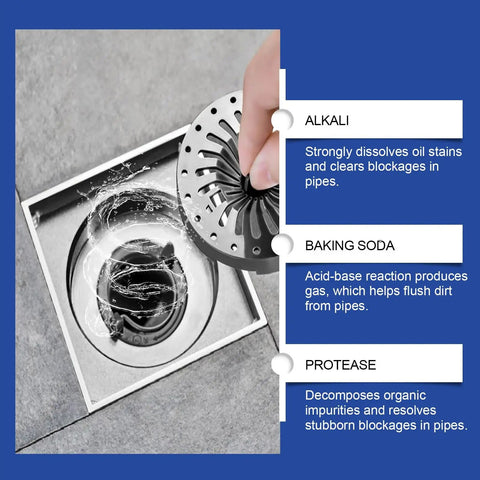Three Piece Drain Cleaner Kit That Clears Kitchen Sinks, Bathrooms And Toilets Fast, Safe For All Pipe Types, Five Minute Blockage Solution For Hair, Grease, Soap Scum And Food Debris No Clog Drama being demonstrated in a metal drain with water flowing in a kitchen.