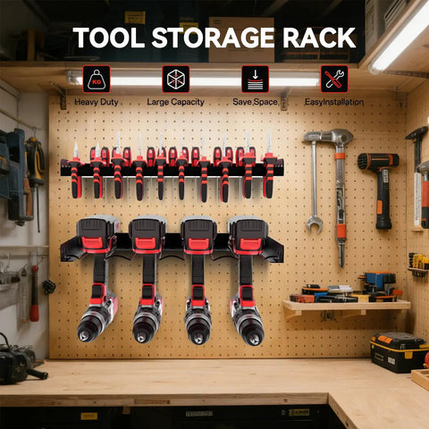 Power Tool Organizer Wall Mount Two Tier Storage Rack For Garage And Home Shop, Side Hooks And Holder for cordless tools