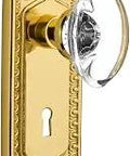 Egg And Dart Door Plate With Keyhole And Oval Clear Crystal Knob, Privacy Lock Set For 2-3/4 Backset, Unlacquered Brass