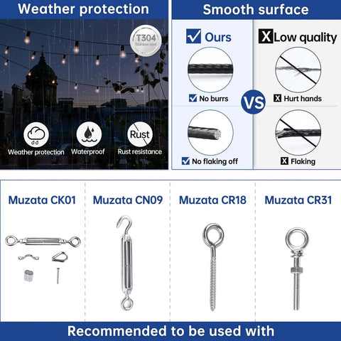 Vinyl Coated Wire Rope 150 Ft Three Thirty Second Inch Bare Core Overmolded To One Eighth Inch Stainless Aircraft Cable 7x7 Strand For Outdoor And Indoor Clothesline String Lights Hanging Diy Wr11 shown installed with accessories in garden