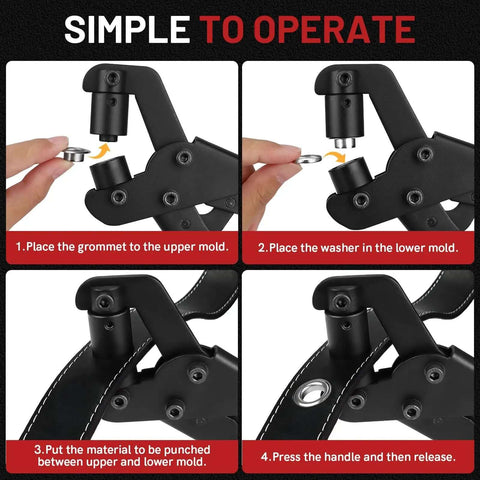 Step-by-step guide using the 3/8-Inch Grommet Kit With Handheld Eyelet Pliers for DIY grommet install on materials.