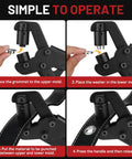 All In One Grommet Kit With 3/8 Inch Eyelets And Handheld Pliers 500 Pcs usage instructions with close-up of pliers in action