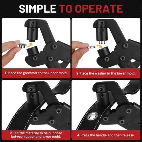 All In One Grommet Kit With 3/8 Inch Eyelets And Handheld Pliers 500 Pcs usage instructions with close-up of pliers in action
