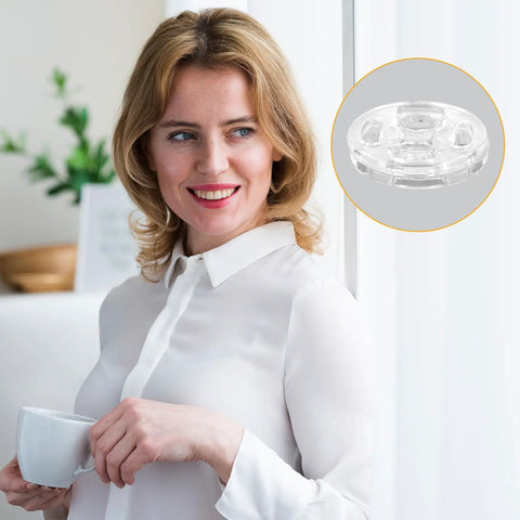 Clear Plastic Sew-On Snap Buttons Kit With 36 Sets In Three Sizes 7.5mm 10mm 12.5mm Invisible Fasteners on a white blouse