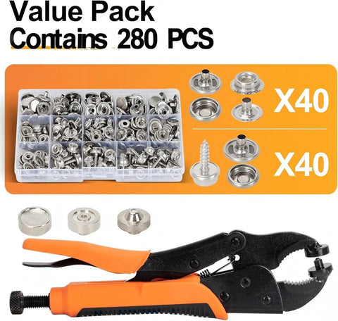 Heavy Duty Snap Fastener Kit With Punch Plier And 280 Pcs 15mm Stainless Snaps Includes Screws Sockets Caps 40 Snap Sets