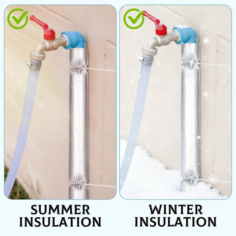 12 Pack Self Adhesive Pipe Insulation Foam Tubes with Aluminum Foil Wrap protecting outdoor water lines in summer and winter conditions.