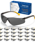 Top Shelf Tinted Safety Glasses 24 Bulk Pack With Ansi Z87.1 Rating And Kickass Uv Protection For Hard Shift Construction Crews Smoke Grey Impact displayed with box and multiple pairs.