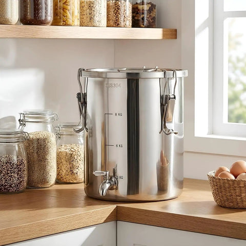 Straight Up Heavy Duty 304 Stainless Steel Beverage Dispenser With Easy Flow Spigot on kitchen counter next to jars of grains.