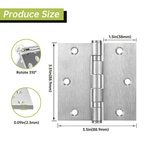 Heavy Duty Square Door Hinges 3.5 By 3.5 Inch Set Of Three Ball Bearing Rust Proof Stainless Steel Brushed Nickel Finish dimensions shown