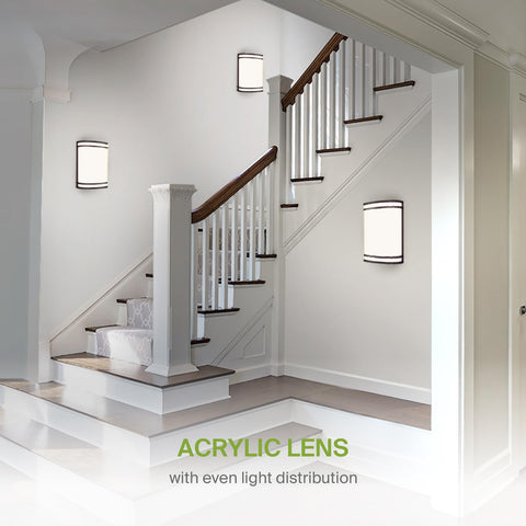 10 Inch LED Wall Sconce Light in Oil Rubbed Bronze, Dimmable, Mounted on White Staircase Wall, 120 Degree Beam