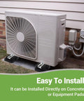 AC condenser on Four Pack Floor Mounting Base Kit for Mini Split Condensers and Heat Pumps, installed outdoors.