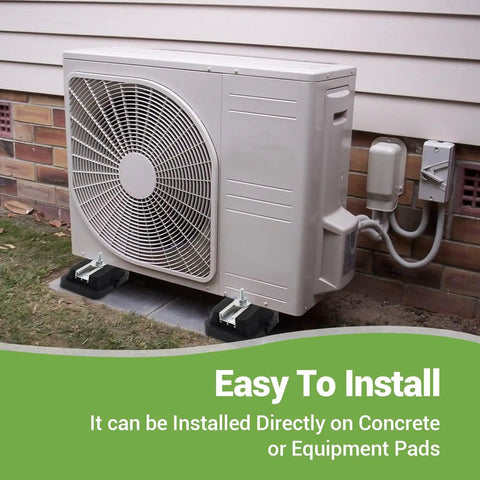 AC condenser on Four Pack Floor Mounting Base Kit for Mini Split Condensers and Heat Pumps, installed outdoors.