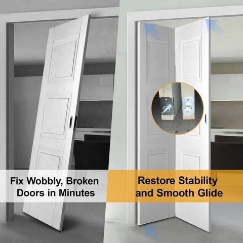 Built Tough Bifold Door Repair Kit For One Three Eighth Inch Wooden Cabinet Door top pivot and bottom bracket, showing stable bifold doors.