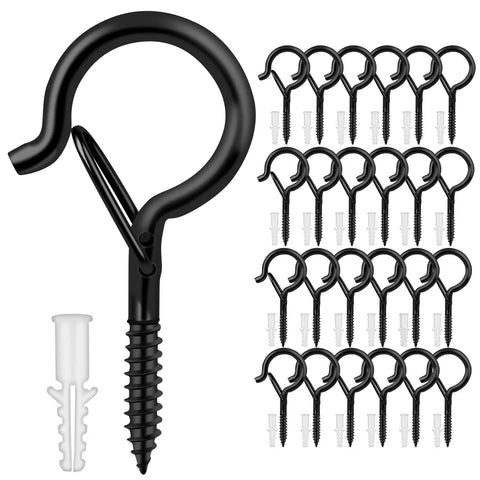 Outdoor String Light Hooks 25 Pack With Safety Buckle Screw In Swivel Eye Hooks for wall or ceiling shown with anchor