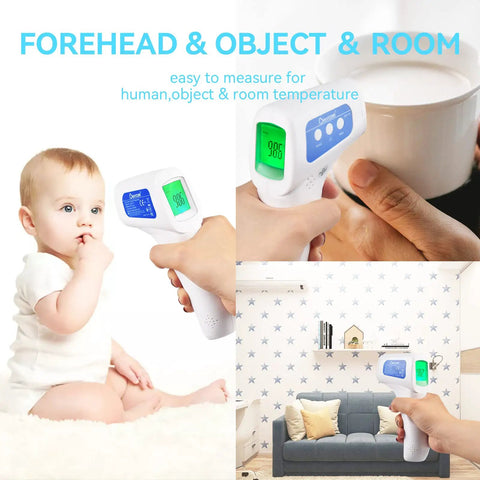 Non Contact Infrared Forehead Thermometer 3 In 1 Digital Thermometer For Kids Infants And Adults Fever Check Temp Gun With Fast One Second Readings Room And Object Temperature used on baby, cup, and room