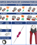 416 Piece DT Connector Kit With Crimping Pliers And Removal Tool showing connectors, pins, sockets, and tools.