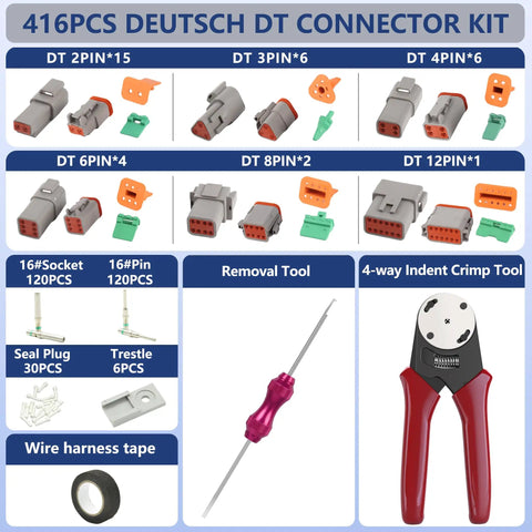 416 Piece DT Connector Kit With Crimping Pliers And Removal Tool showing connectors, pins, sockets, and tools.