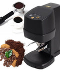 Top Shelf Automatic Espresso Tamper With Adjustable 10 To 30 Kg Pressure And Height Adjustable Barista Press Stand Delivers Killer Precision For Home Cafe Brewing Sleek Black Screw Thread Base Makes Pulling Shots A Real Breeze Daily next to coffee beans and cup