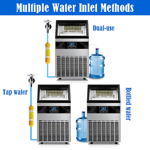 Portable Countertop Nugget Ice Maker With Fast Freeze Engine And Simple Self Wash Mode serving different water inlet methods.