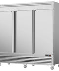 Straight Up Heavy Duty 72 Cu Ft Three Door Reach In Upright Commercial Freezer with stainless steel finish and adjustable shelves.