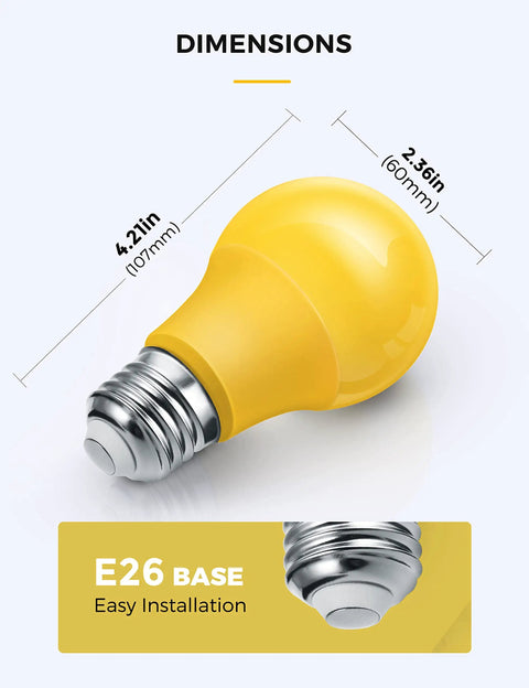 Yellow Outdoor Bug Light Bulbs A19 9W Amber 2000K Not Dimmable E26 Base 60W Equivalent with dimensions for easy installation
