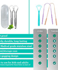 Comparison image of two-pack stainless steel tongue scraper for adults with travel case and features checklist