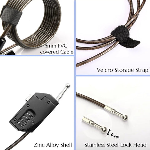 Adjustable Combination Cable Lock With 6.5ft Steel Cord for Trail Cameras, Kayaks, features zinc alloy shell, Velcro strap