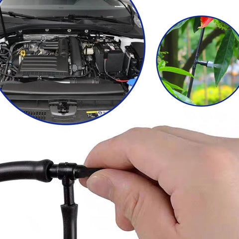 Hand using automotive vacuum connector kit for engine and garden hose applications.
