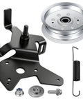 Deck Drive Belt Idler Arm Plate Kit With Flat Idler Pulley For John Deere Lawn Tractors Replaces GY20986BLE, includes parts.