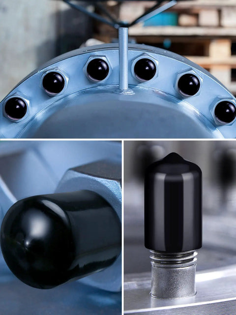 156 Piece Rubber End Caps For Bolts shown on metal surfaces, black vinyl covers in use to protect threads and prevent scratches