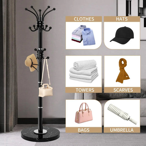 Heavy Duty Metal Coat Rack Stand With Marble Base Freestanding Hall Tree With 360 Degree Rotating Hooks 16 Hook Black Entryway Organizer For Home Or Office in a living room