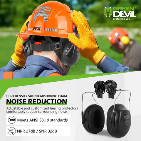 Close-up of forestry chainsaw helmet with face shield, built-in visor, and ear muffs in use, ANSI Z89.1 safety standard.