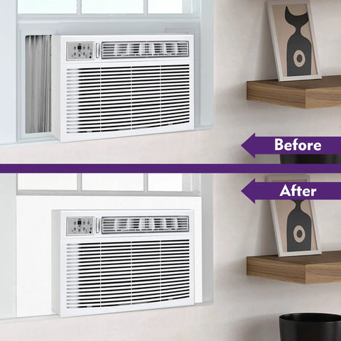 Full Surround Window AC Insulation Foam Side Panels For Air Conditioner Units, 39 Inch Width Indoor Window Seal Kit Cover in use before and after