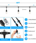 Triple Color Dimmable LED Outdoor String Lights for Patio with remotes, 48 ft shatterproof E26 S14 bulbs in 3 color temps, features shown.